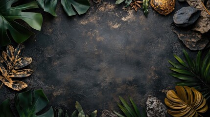 Dark backdrop framed by tropical leaves and natural elements