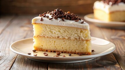 A delightful slice of double-layered vanilla cake, delicately frosted and adorned with roasted coffee beans, rests on a simple plate, a tempting treat.