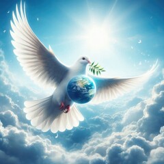 Fototapeta premium A white Dove with earth globe and Olive branch in the blue sky International Day of Peace