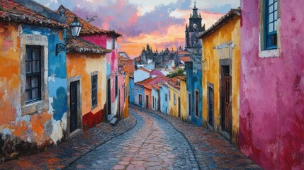 Naklejka premium Colorful Portuguese cobblestone street sunset, historic town, travel postcard