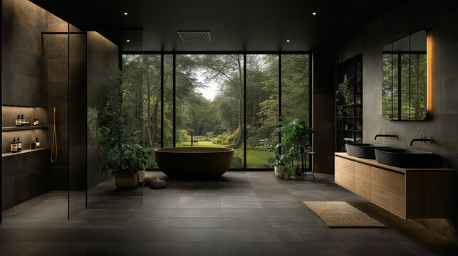 Spa-Like Tranquility: A sophisticated bathroom blends modern design with the serenity of nature, featuring sleek fixtures, a relaxing atmosphere, and panoramic views.