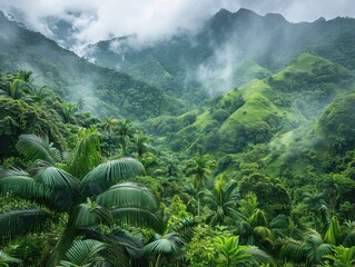 Tropical forest view Lush greenery, mist-covered hills, dense jungle landscape under cloudy sky