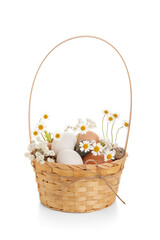 Basket with beautiful Easter eggs and flowers isolated on white background