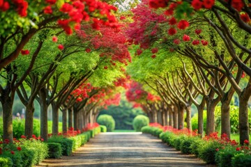 Fototapeta premium Serene Pathway Through a Blossoming Canopy of Vibrant Red and Green Trees