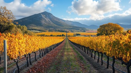 Autumn vineyard rows, mountain backdrop, sunny day, fall foliage, wine region
