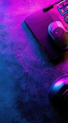 Gaming peripherals, illuminated in vibrant hues, on a textured surface