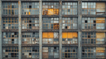 Derelict factory building, urban decay, broken windows, industrial cityscape, architectural texture, background, design