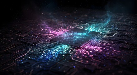 Glowing CPU with Circuit Board, and Tech.