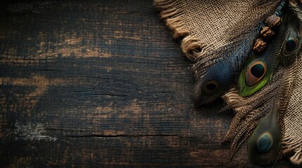 Peacock feathers on rustic burlap, dark wooden background