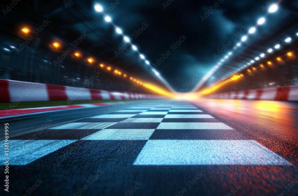 Wall mural dynamic perspective of a race track finish line with vibrant lights and motion blur creating a sense