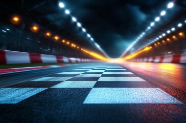 Dynamic Perspective of a Race Track Finish Line with Vibrant Lights and Motion Blur Creating a Sense of Speed and Excitement in a Nighttime Scene