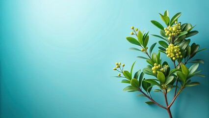 Vibrant Green Branch with Clusters of Pale Yellow Berries on a Teal Background