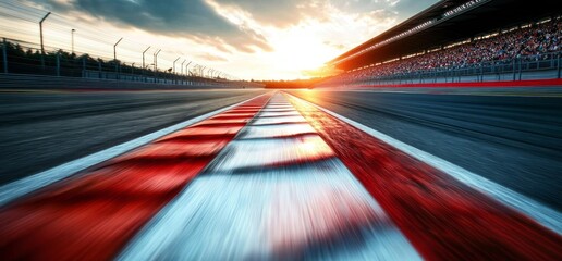Dynamic View of a Raceday Sunset at a Vibrant Racing Circuit with Motion Blur Effect on the Track and Spectators in the Background