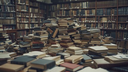 Obraz premium Ancient library, overflowing books, stacks, scholarly