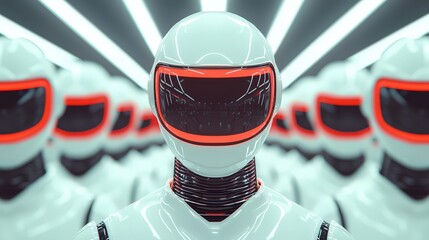 Obraz premium A robot with a red visor stands in a line of robots
