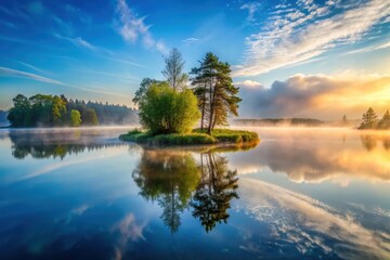 Obraz premium Serene Sunrise over Misty Lake with Island Trees Reflecting in Calm Water