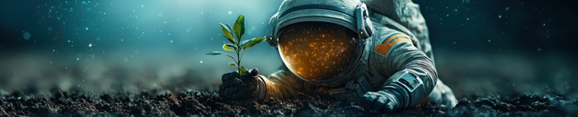 A man in a space suit is planting a tree