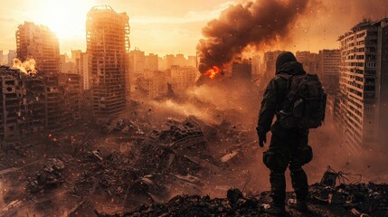 Obraz premium A man in a military uniform stands on a hill overlooking a city in ruins