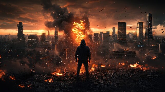 A man stands in the middle of a city that is on fire