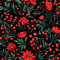 Red flowers and berries seamless pattern on black background. Floral folk art style. Traditional ornament for textile, wallpaper, greeting card. Christmas winter design