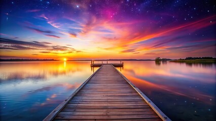 Fototapeta premium Serene Sunset Vista Wooden Dock Extending into a Calm Lake Reflecting Vibrant Colors of Twilight Sky Adorned with Sparkling Stars