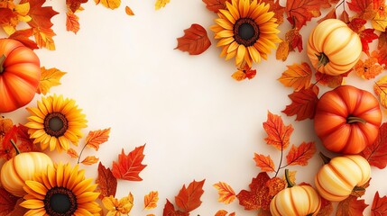 Fototapeta premium Autumn Harvest Background Design Featuring Pumpkins Sunflowers and Vibrant Fall Leaves Perfect for Thanksgiving or Seasonal Greeting Cards Festive Autumnal Illustration with Copy Space red warm cozy 