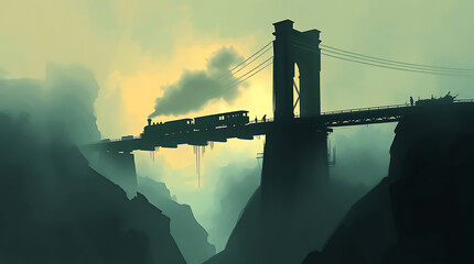 Steampunk train bridge mountain fog