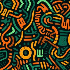 Colorful abstract seamless pattern with organic shapes in green and orange. Retro style geometric design for textile, wallpaper, or background. Modern art concept.