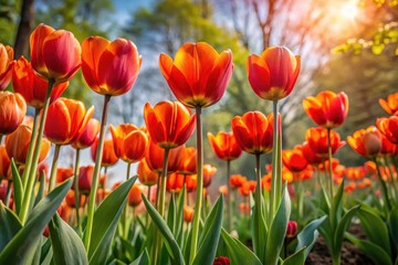 Obraz premium Vibrant orange tulips bathed in sunlight, a breathtaking display of springtime blossoms in a lush garden setting.