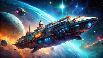 A Futuristic Spaceship Soars Through a Vibrant Nebula, Accompanied by a Smaller Vessel, Amidst Celestial Bodies and Glowing Gases