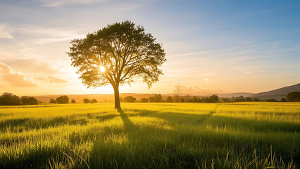 Obraz premium Single Tree in Vast Golden Field Under Sunset, Radiating Warm Natural Beauty