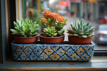 Three pots of succulents, neatly arranged in a decorative ceramic tray with a blue ornament and a pattern in yellow and white tones.  