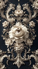 Intricate Floral Design with Ivory Roses and Ornate Foliage on Dark Blue

