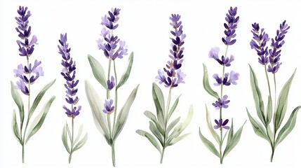 Fototapeta premium Elegant Watercolor Lavender Flowers Botanical Illustration Set Purple Floral Design Elements Nature Inspired Art Prints Romantic Wedding Invitation Greenery Herbs Fresh Spring Summer Bouquet plant 