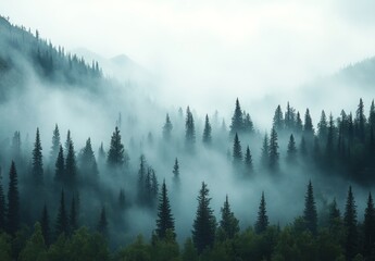 Enchanting Misty Forest Landscape with Tall Pine Trees and Mysterious Fog in a Serene Natural Setting