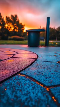 Chromatic pavestone expanse mirroring twilight hues in a public parkland