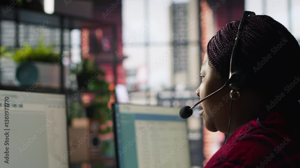 Poster it support expert at pc in call center office troubleshoots errors to minimize downtime. tech suppor
