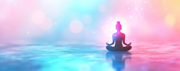 A woman is sitting in a lotus position on a body of water. The water is blue and the sky is pink. The woman is surrounded by a lot of light and the scene is peaceful and calming