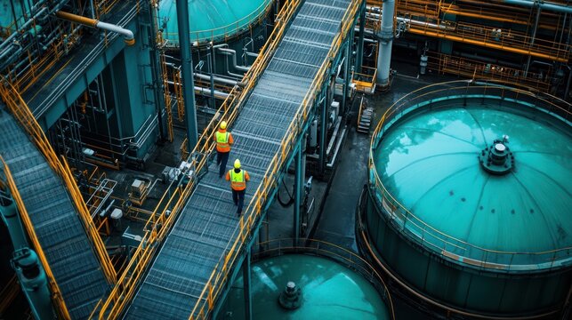 Refinery workers walk elevated walkway, industrial complex background, safety inspection