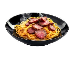 A steaming bowl of spaghetti with meat, presented in a black dish, perfect for food promotions. Generative AI