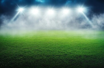 Obraz premium Dramatic Nighttime Scene of an Empty Sports Field Illuminated by Bright Floodlights Surrounded by Mist for Inspirational Sports Imagery
