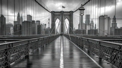 Rainy Brooklyn Bridge walkway, NYC skyline backdrop, black & white photo, travel