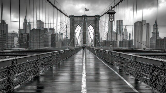 Fototapeta Rainy Brooklyn Bridge walkway, NYC skyline backdrop, black & white photo, travel