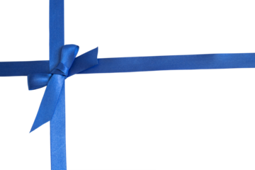 A blue ribbon with a bow tied in the middle. The ribbon is long and narrow, and it is tied in a bow