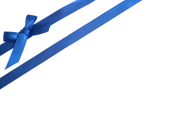 A pair of blue ribbons with a white bow tied in an elegant bow. The bow is tied in a tight knot, giving it a polished look. Transparent background, PNG format.