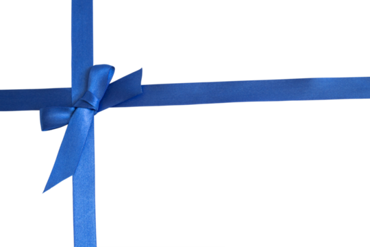 A blue ribbon with a bow tied in the middle. The ribbon is long and narrow, and it is tied in a bow