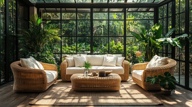 Rattan sofa set in sunlit conservatory, lush garden backdrop, home decor