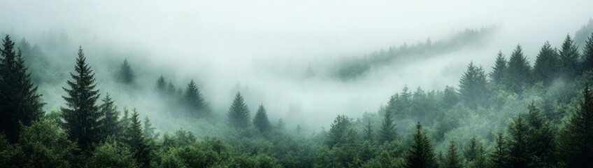Serene Misty Forest Landscape Surrounded by Lush Green Trees in Foggy Conditions Inviting Calmness and Reflection in Nature's Beauty
