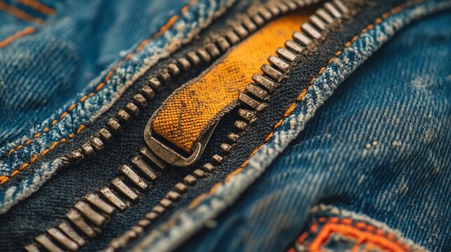 Close-up of a worn denim zipper