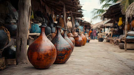 Handcrafted Calabash Vessels Displayed at a Traditional Equatorial Market